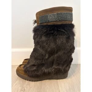 Coach Maryann Rabbit Fur & Suede Wedge Boots Women’s Designer Winter Boots